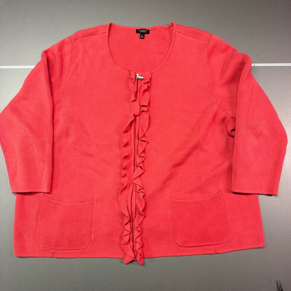 Talbots‎ Sweater Womens 3XP Pink Ruffle Cardigan Front Pockets Full Zip Knit
